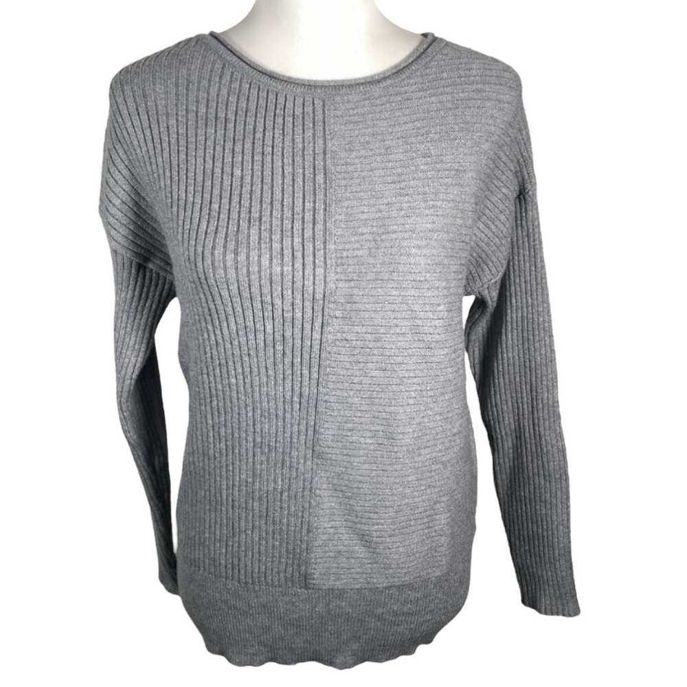 Tahari Gray Round Neck Ribbed Tight Knit 3/4 Sleeve Pullover Sweater M